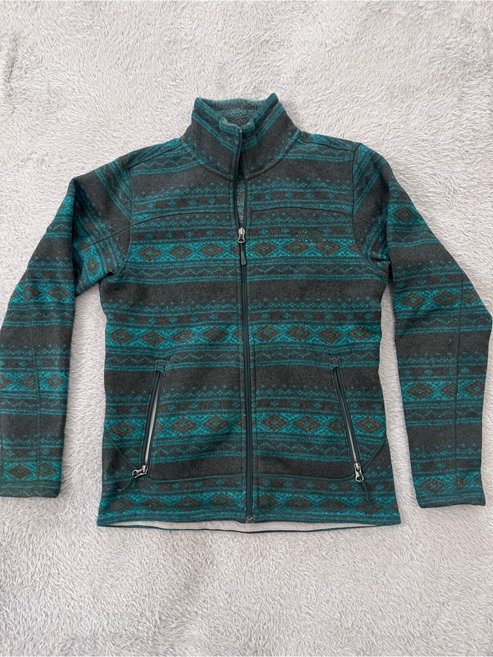 The North Face Fleece Green Black Aztec Southwestern Full Zip Tribal Small